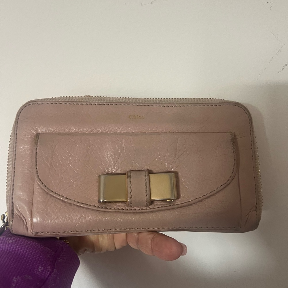Chloe Blush Leather Wallet with Bow Accent